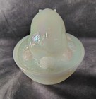 STUNNING Fenton WHITE CARNIVAL GLASS Bunny On NEST CANDY DISH ARTIST SIGNED — photo 3