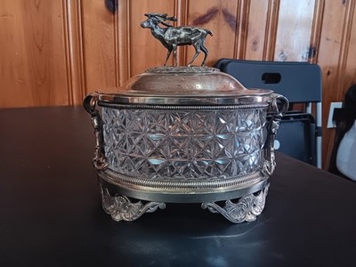 Victorian Silver Plated Crystal Biscuit Box Barrel w/Stag England