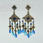 Pierced Earrings Royal Blue Bohemian Dangle Drop Gold Tone Filigree Top Stud Vtg