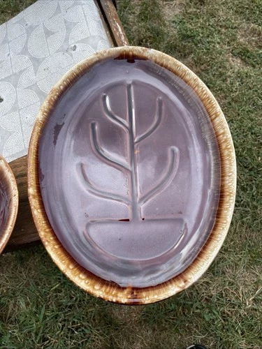 Vintage McCoy Tree of Life 13" Brown Drip Glaze Serving Platter Tray 7017 Lot (2