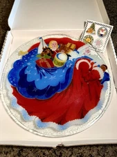 Vintage Signed Peggy Karr Fused Glass Plate Father Christmas Santa Toys 13.5”