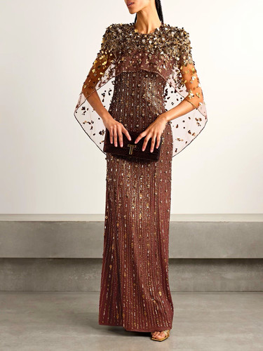 Jenny Packham Brown/Gold Sequin Long Gown Dress w/ Cape Overlay, Sheer Sleeves