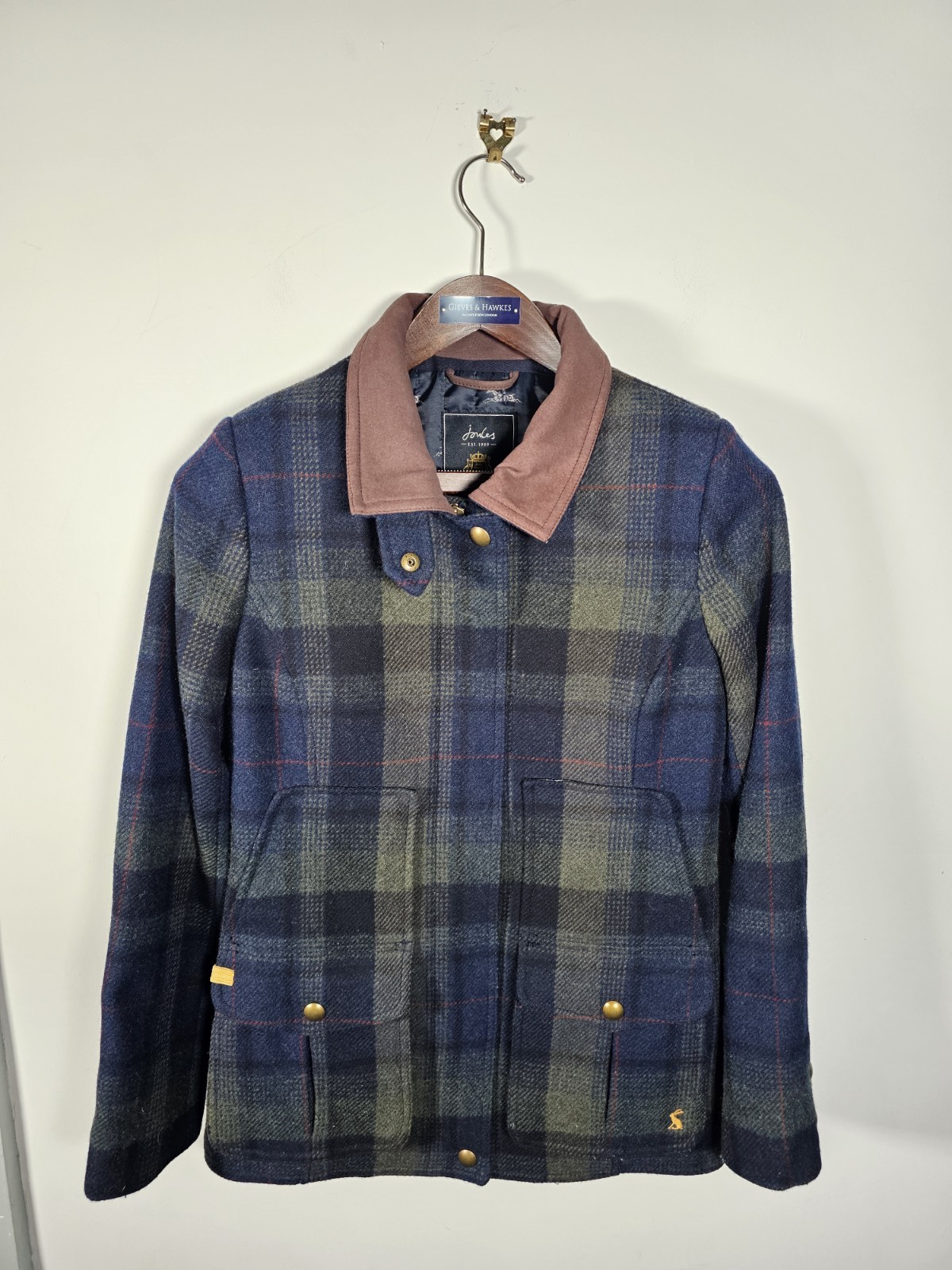 Joules Tweed Field Coat Women's UK 10 Blue & Green Tartan Check Jacket Wool