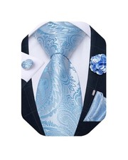 Mens Tie and Lapel Pin Set Silk Plaid Solid Paisley Necktie Sky Blue Paisley