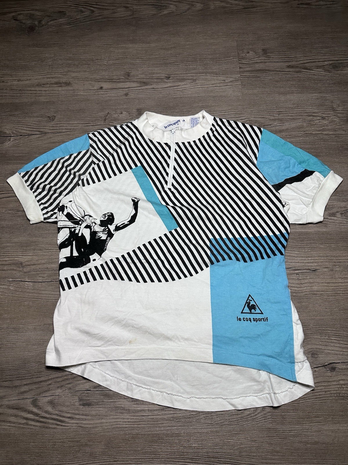 Camiseta deportiva de ciclismo Le Coq Sportif para hombre talla mediana dos tonos gráfico a rayas 1/4 cremallera