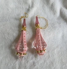 Vintage Pink Lace & Crystal Drop Ornaments–Set of 2 Elegant Hanging Decorations