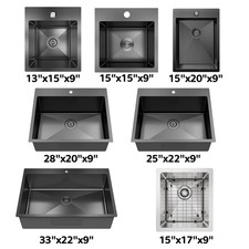Black Drop-in Kitchen Bar Sink Single Bowl Top/Under Mount 10" 13" 15" 25" 28 33