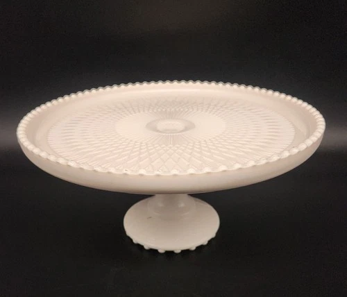 Vtg Jeanette Pink Milk Glass Footed Cake Stand Pedestal Bead Edge 10"W Plate