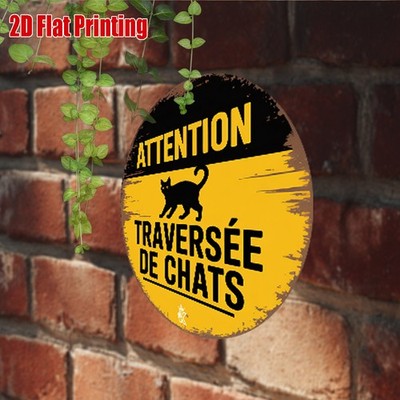 2D Flat, 1pc Retro Cat Crossing Tin Metal Signs Home Décor 8x8 Inch French ''Atte