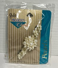 Vintage NOS Philips Faux Pearl/Gold Beads Gold Tone Metal Flower Barrette 3.50"