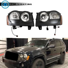 For 2005 2006 2007 Jeep Grand Cherokee Pair Headlights Halogen Headlamps Black
