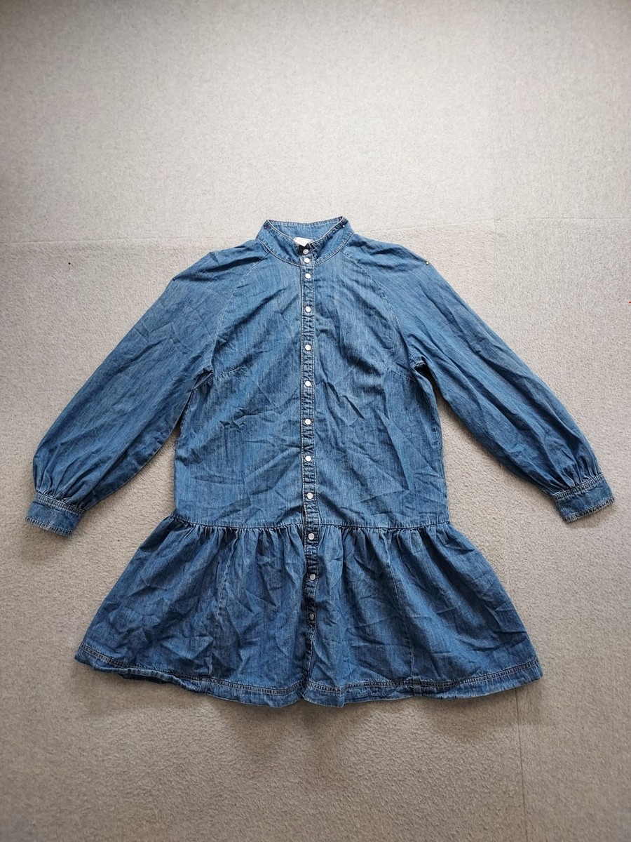 H&M Women Mini Dress 4 Blue Denim Long Sleeve Button Front Ruffle Hem Summer H&M Women Mini Dress 4 Blue Denim Long Sleeve Button Front Ruffle Hem Summer