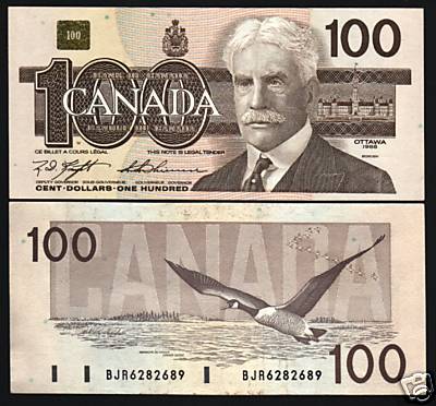 カナダ　$100 一枚 CANADA 100 Dollars P-99C 1988 x 1 Pcs GEESE BIRD UNC KNIGHT