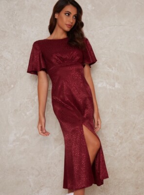 Chi Chi London Fridia Midi Short Sleeve Dress Burgundy Red Elegant UK Size  12 | eBay UK