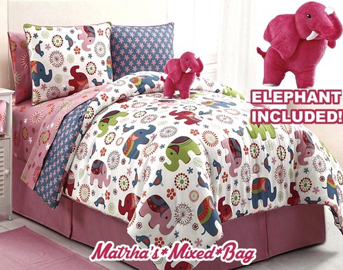 Girl Pink Zoo Safari Elephant Floral Twin/Full Comforter Sheet Set+Plush Animal - Picture 7 of 7