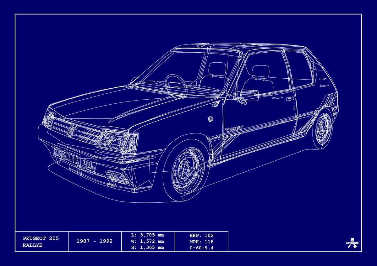 POSTER - PEUGEOT 205 RALLYE BLUEPRINT - (A4 A3 A2 Sizes