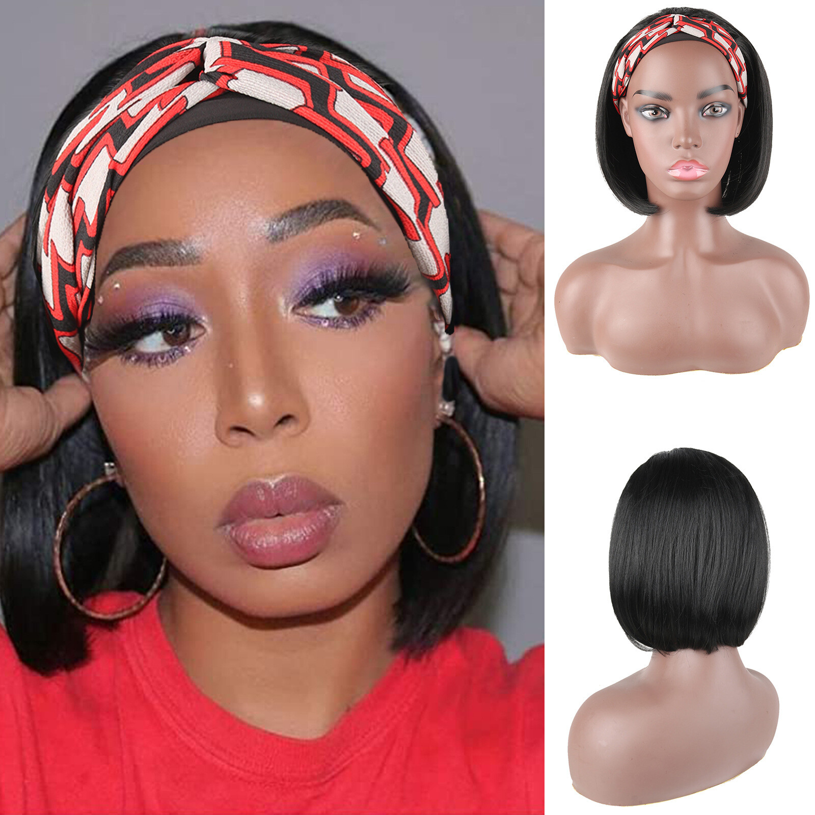 Short Straight Bob Headband Wigs for Black Women Synthetic Bob Headband