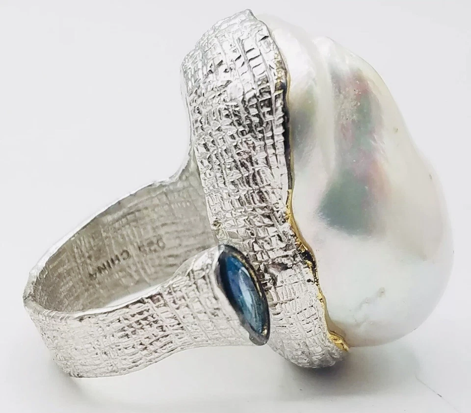 Anillo ajustable Toi et Moi plata de ley y oro barroco perla y topacio azul Foto 2 de 4