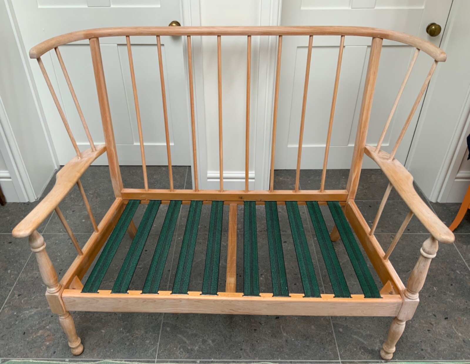 Vintage mid century stick back wooden Ercol style 2 seater high back