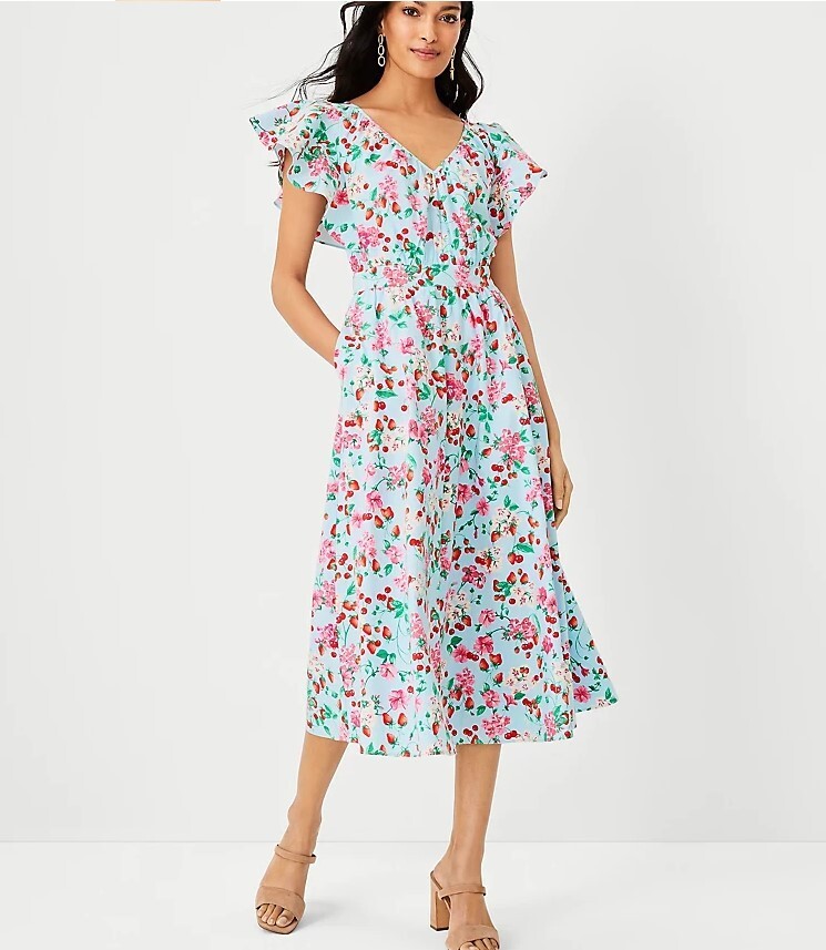 New Ann Taylor Red Floral Aqua Blue V-neck Flutter Sleeve Cotton