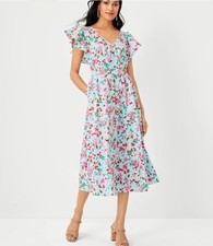 New Ann Taylor Red Floral Aqua Blue V-neck Flutter Sleeve Cotton Midi Dress 2