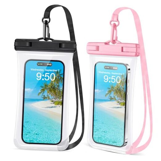 2 Pack Waterproof Phone Pouch Case [3D Clear Soft Edges], Black & Pink