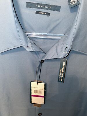 Perry Ellis Blue Stretch Shirt 2XL XXL Mens Travel Luxe Button Up