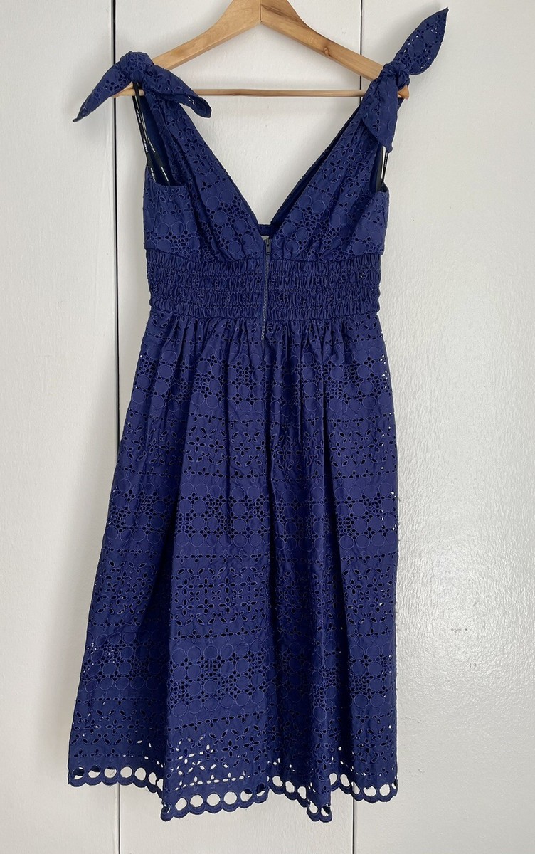 Self Portrait Navy Blue Broderie Anglaise Dress tie shoulder