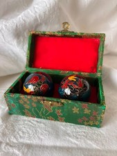 Vtg Chinese Baoding Cloisonn  Balls with Brocade Box - Cloisonn  Dragon Design