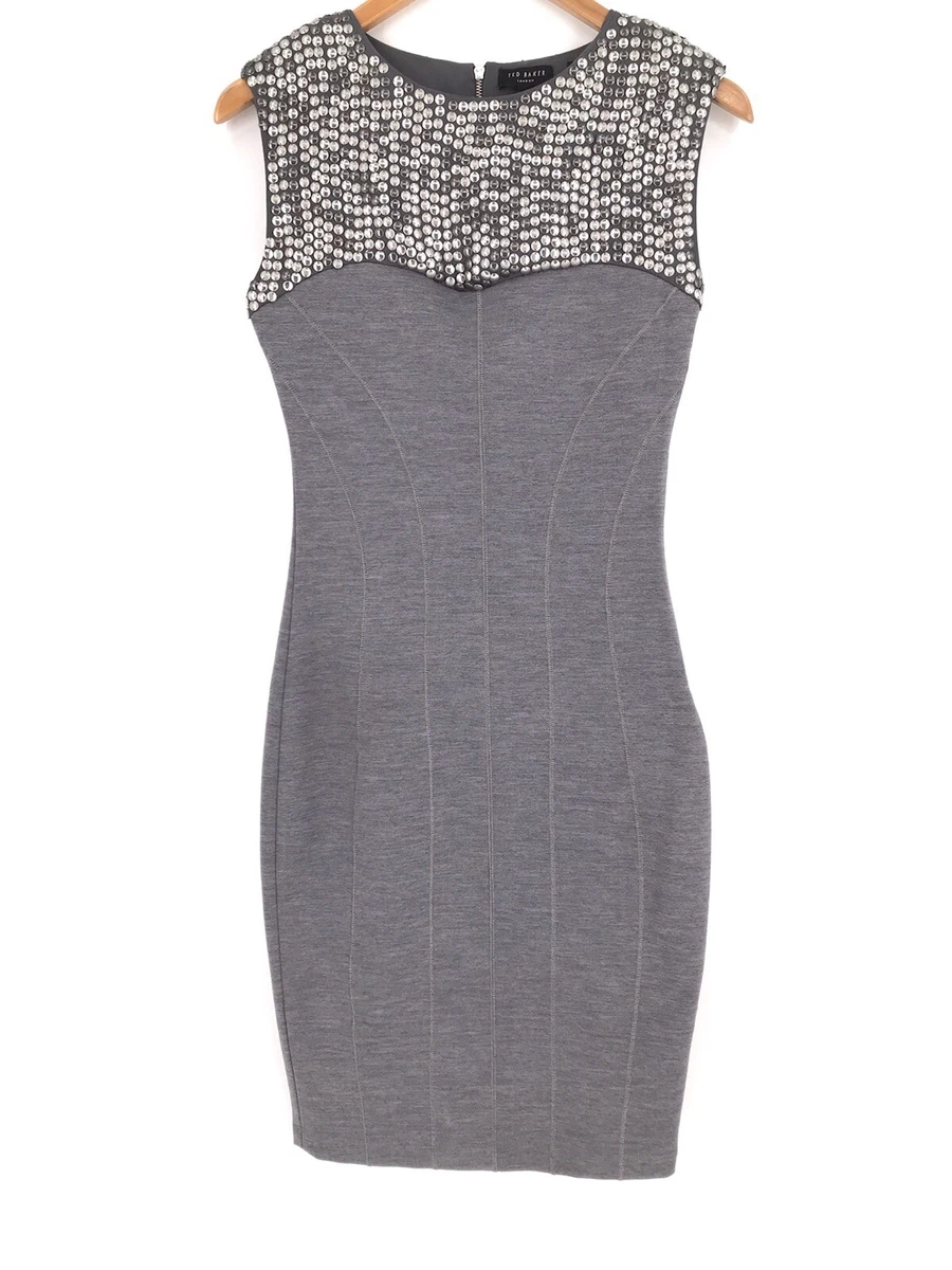 Ted Baker Grey Lamu Studded Panel Wool Blend Bodycon Dress Womens 4 EUC