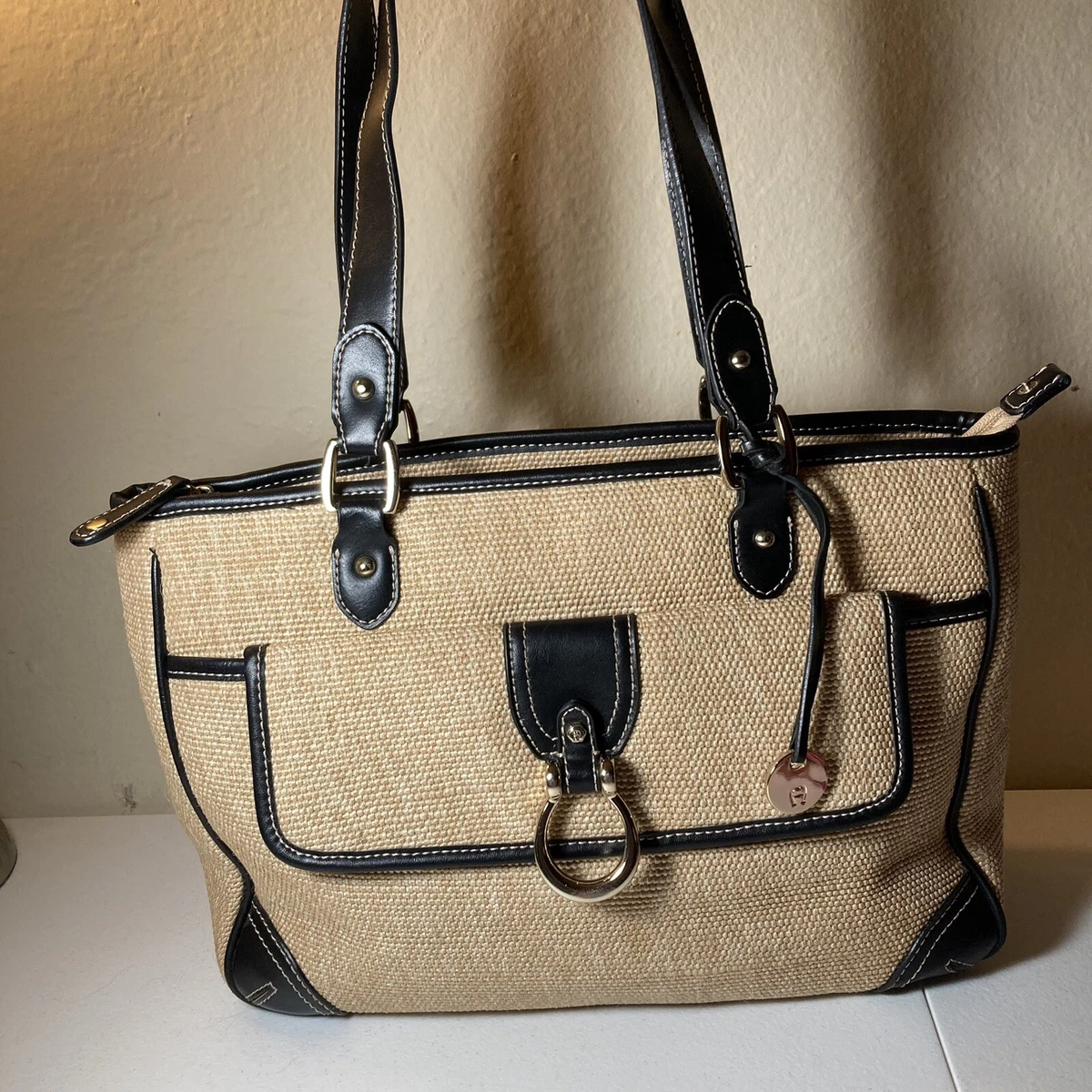 Etienne Aigner woven jute handbag purse satchel leather trim and