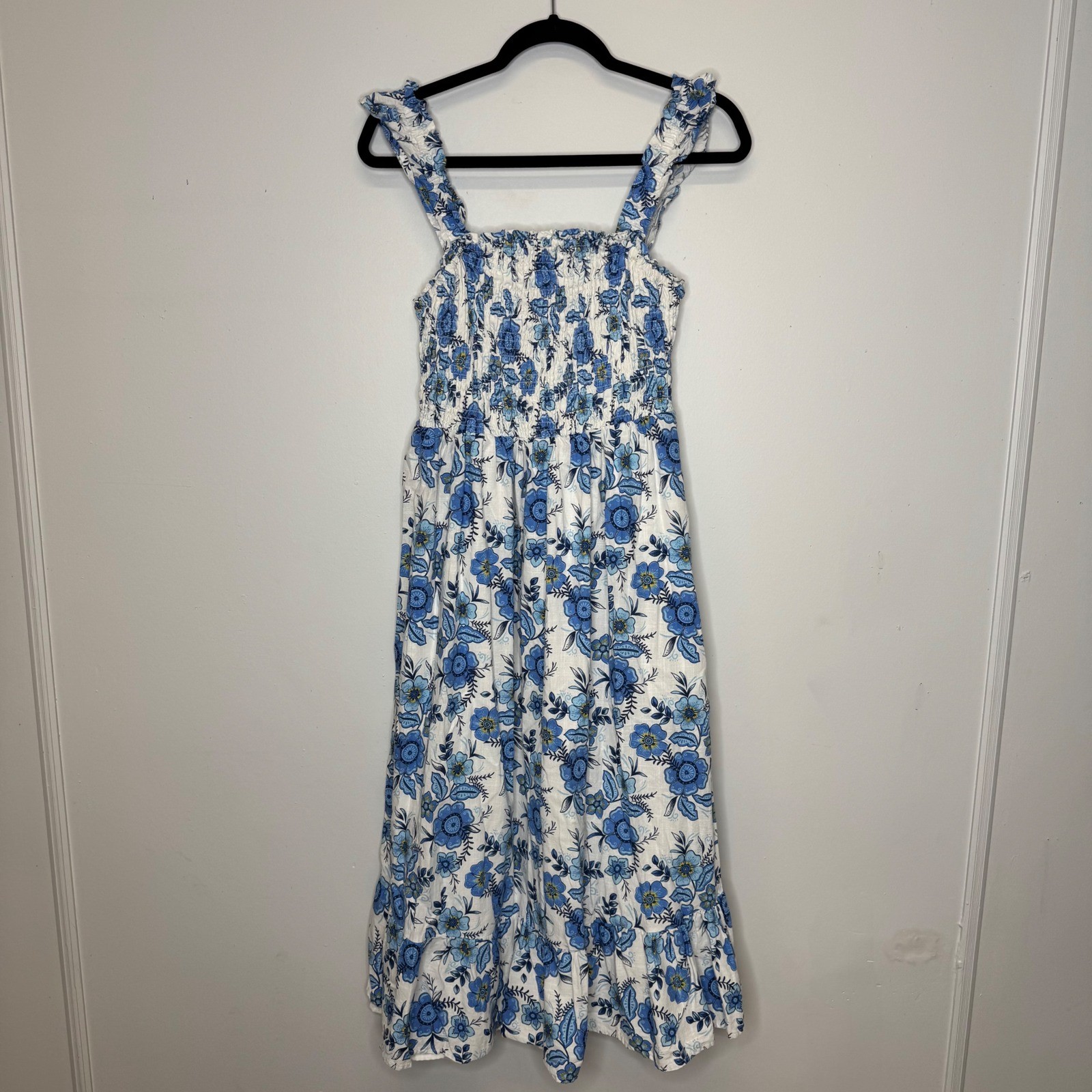 Haute Hippie Blue White Floral Smocked Midi Dress Womens Sz 6 Ruffle Straps