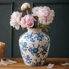 Blue and White Vase, 8 Inch Vintage Chinoiserie Ceramic Vase, Rustic Flower V...