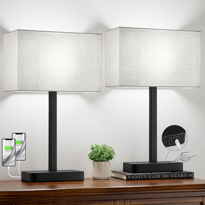 Dimmable Touch Lamps Set of 2 with USB for Bedroom & Living Room - Grey
