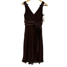 Y2K Jones Wear Babydoll Chocolate Brown Chiffon Midi Dress 10P Satin Bow Retro