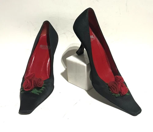 Adorabile tacchi a spillo Moschino vintage economici e chic nero raso con rose 6 5