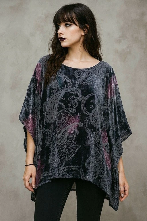 Chicos Poncho Top Womens S/M Navy Purple Paisley Velvet Burnout Boho Whimsigoth