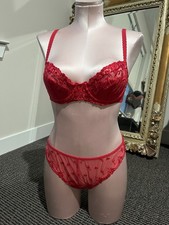 Vintage Victoria's Secret Red Lace Sheer Bra  Panty Set 36B Lingerie Set
