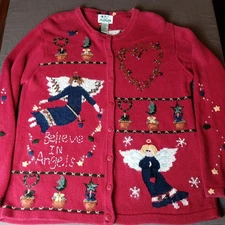 Vtg THE QUACKER FACTORY Christmas Sweater Angels Hearts Sz M Bells Embroidery 