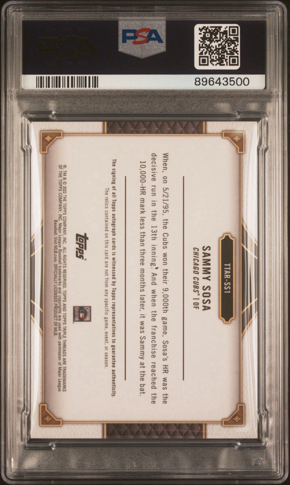 2022 TOPPS TRIPLE THREADS SAMMY SOSA AUTO RELICS AMBER /18 #SS1 PSA 10 CUBS POP1 view 3