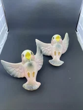 Set Of 2 Vintage Whimsy Heavy Pottery Pink & Gray Bird Wall Pocket MCM USA