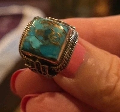 Sterling silver turquoise ring With Hamsa. Unique Beauty. Size 7