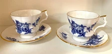 TWO Royal Windsor Teacup & Saucer Sets Gold Gilt Blue Floral Roses. Vintage!