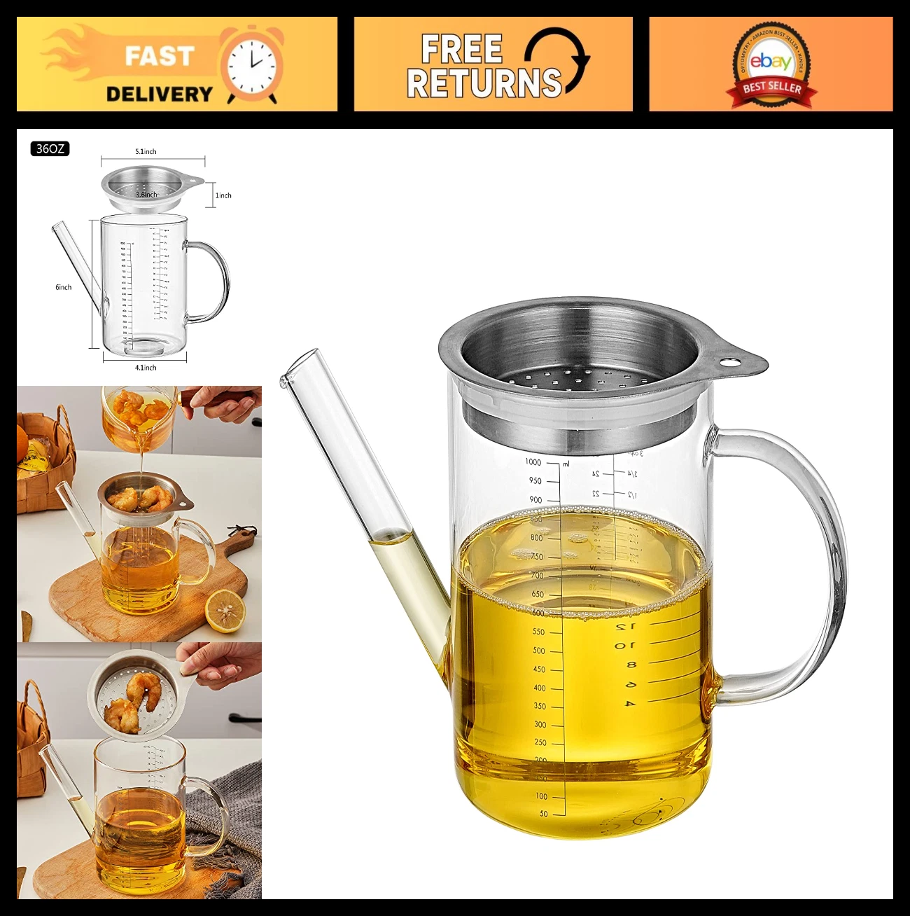 4-Cup Glass Gravy Separator with Filter Cap - Fat & Poultry Separator, 1000ml