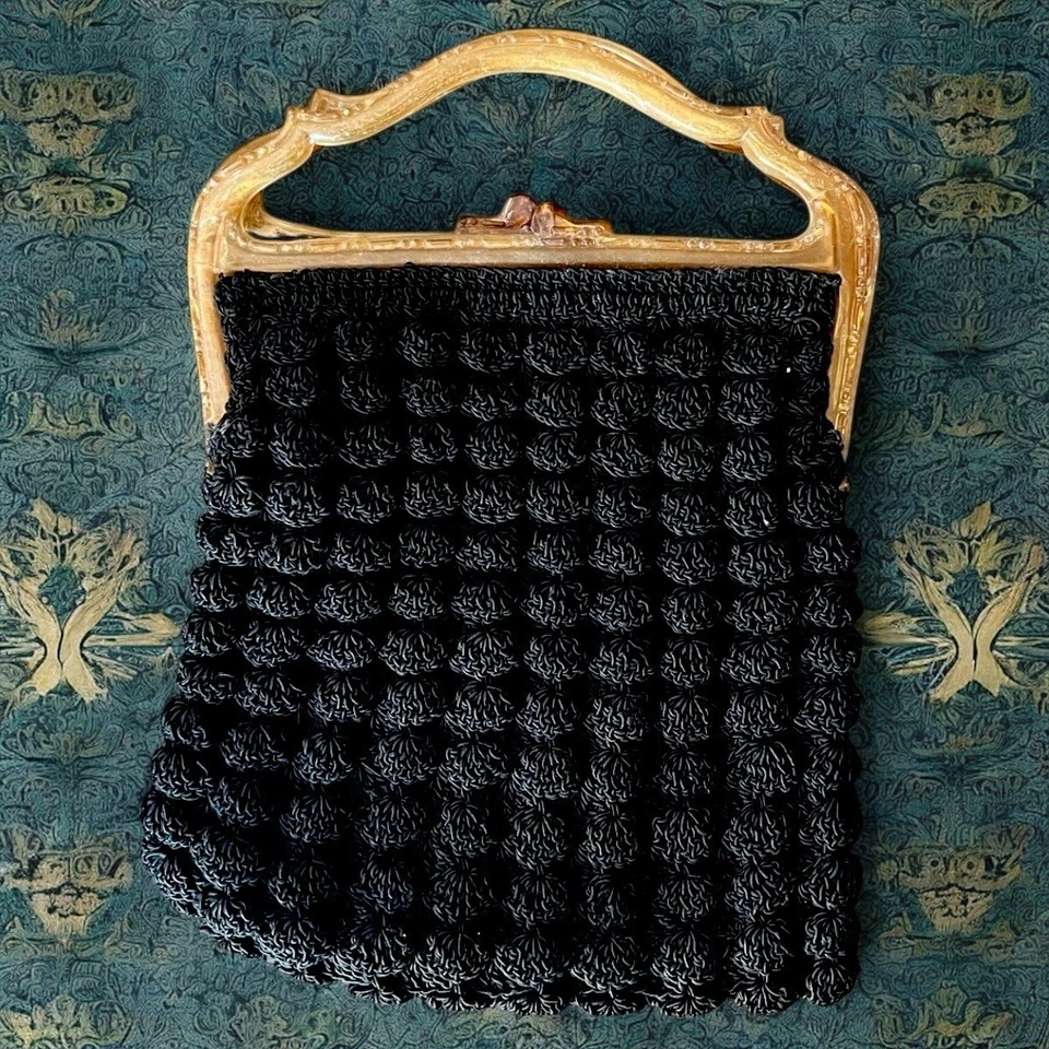 Art Deco Black Crochet Purse Celluloid Frame 1920s Evening Flapper Bag - Image 4 of 4
