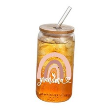 Glass Cups with Lids and Straws, Glasses Drinking Set, 16 Ounces Grandma
