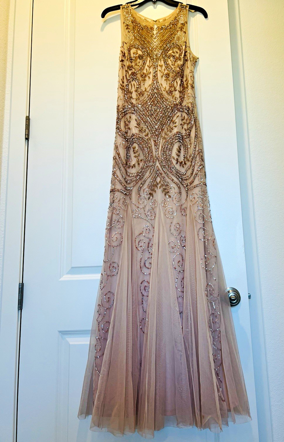 Camille La Vie Size 8 Champagne/Beige Beaded Sequin Mermaid Gown Zipper