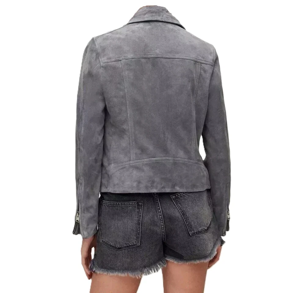 Women 100% Real Suede Leather Gray Biker Jacket Motorcycle Coat Size XS S M L XL - Image 3 of 4