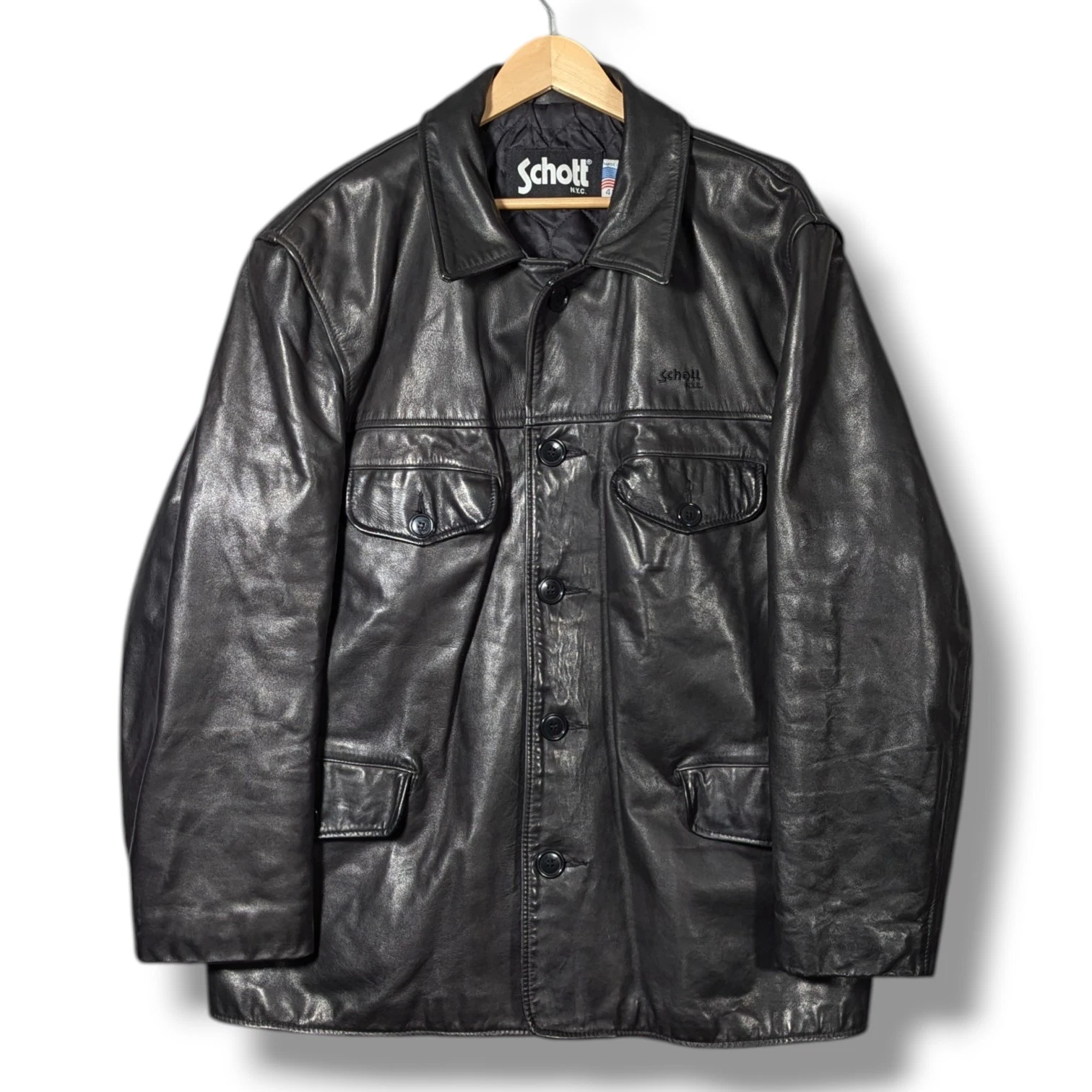 Schott NYC Black Leather Jacket Mens Size 42 Long Coat Coach Vintage USA