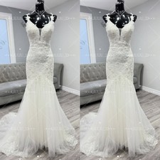 Mermaid Wedding Dresses Deep V Neck Lace Appliques Sweep Train Bridal Gowns
